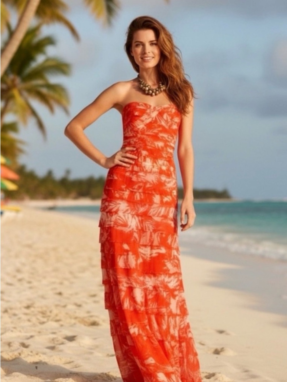 BCBGMAXAZRIA Orange Print Strapless Maxi Dress | Size 2 | Excellent Condition